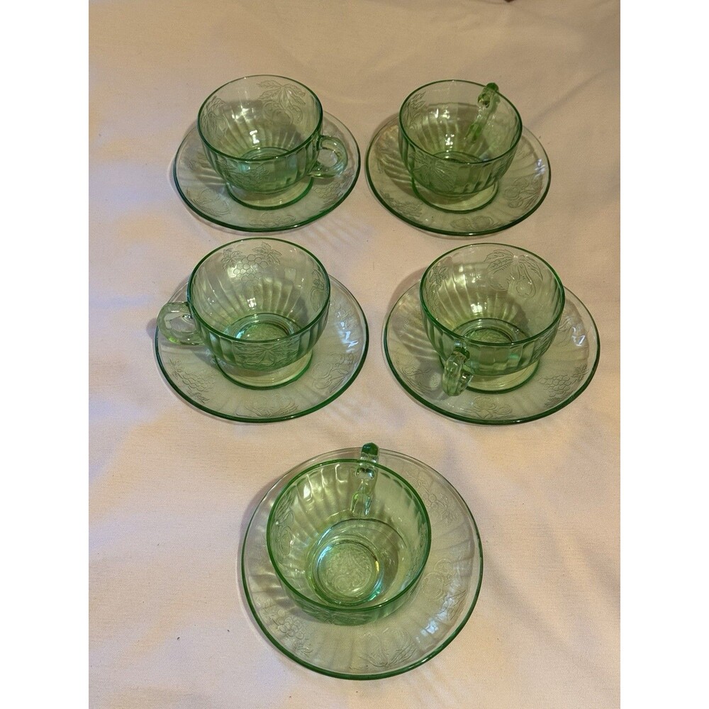VTG 1930'S URANIUM GREEN FRUITS CUP AND SAUCER 5set HAZEL ATLAS DEPRESSION GLASS